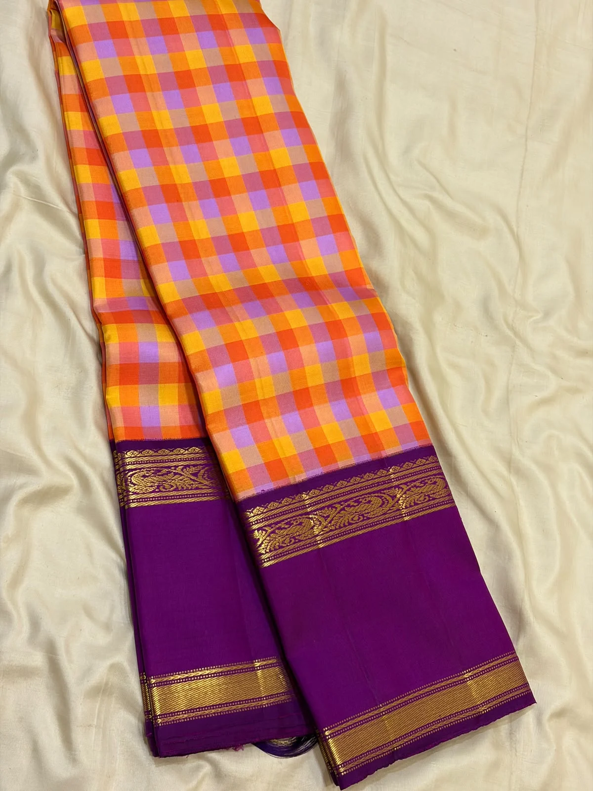 Sunset Kattam Korvai Contrast Kanchipuram Silk Saree